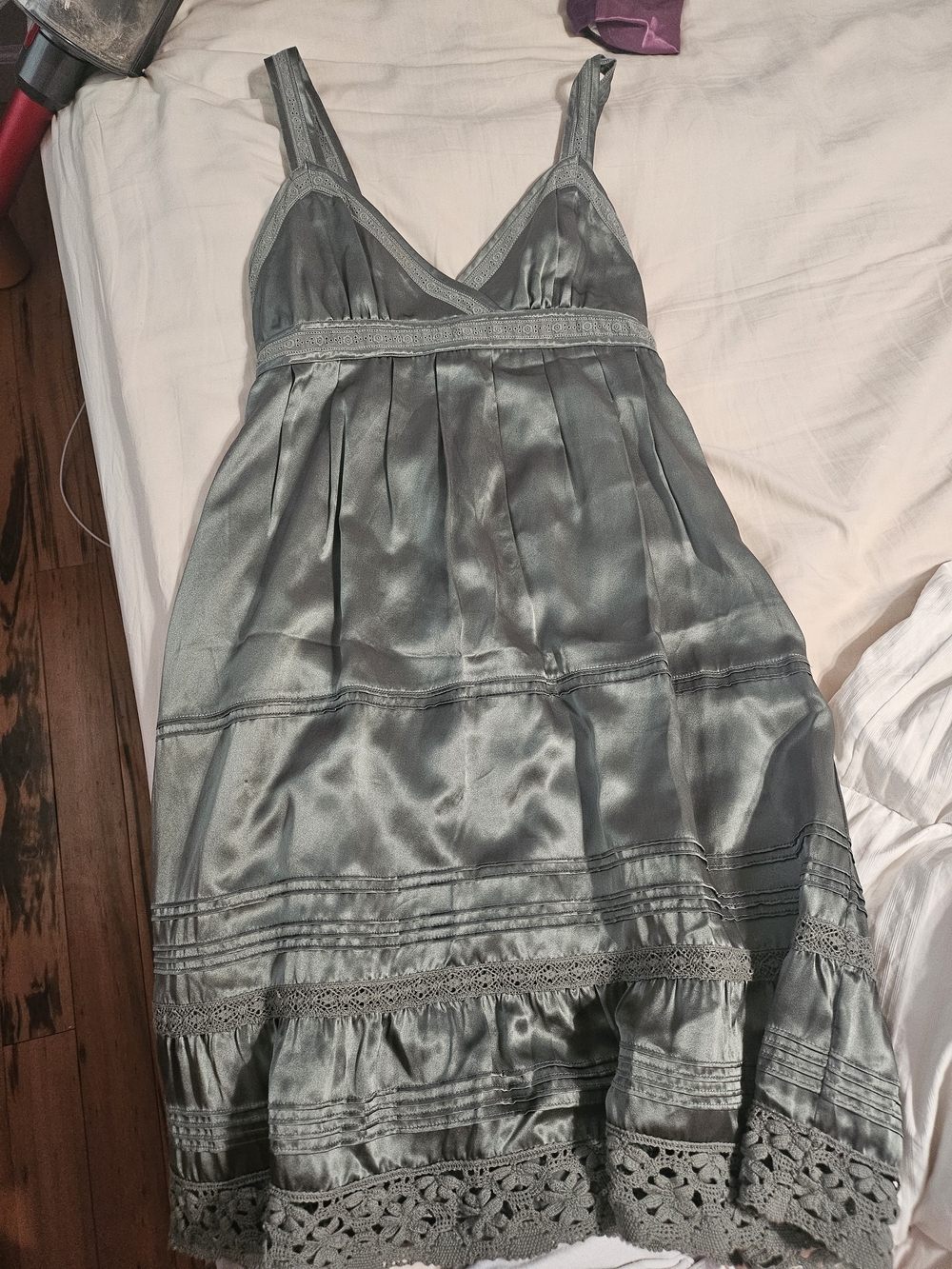 Betsey Johnson Silver-Gray Satin Lace-Trim Slip Dress In Green - Picture 2 of 5